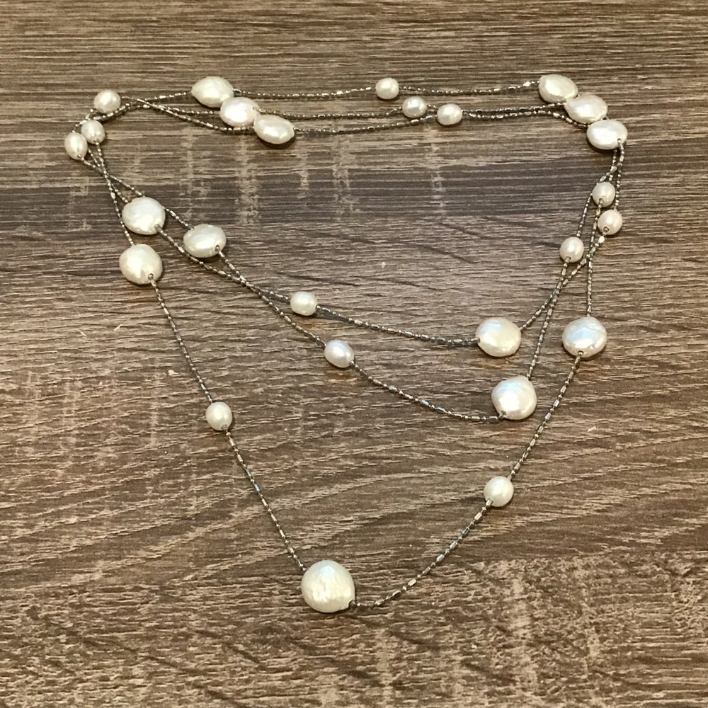 Genuine Pearl Beaded Silver Tone Dot & Dash Chain Necklace 51" Long
